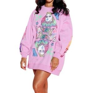 QUEEN OF SPARKLES Pink QOS LOGO CARD SWEATSHIRT DRESS NWT Size XL